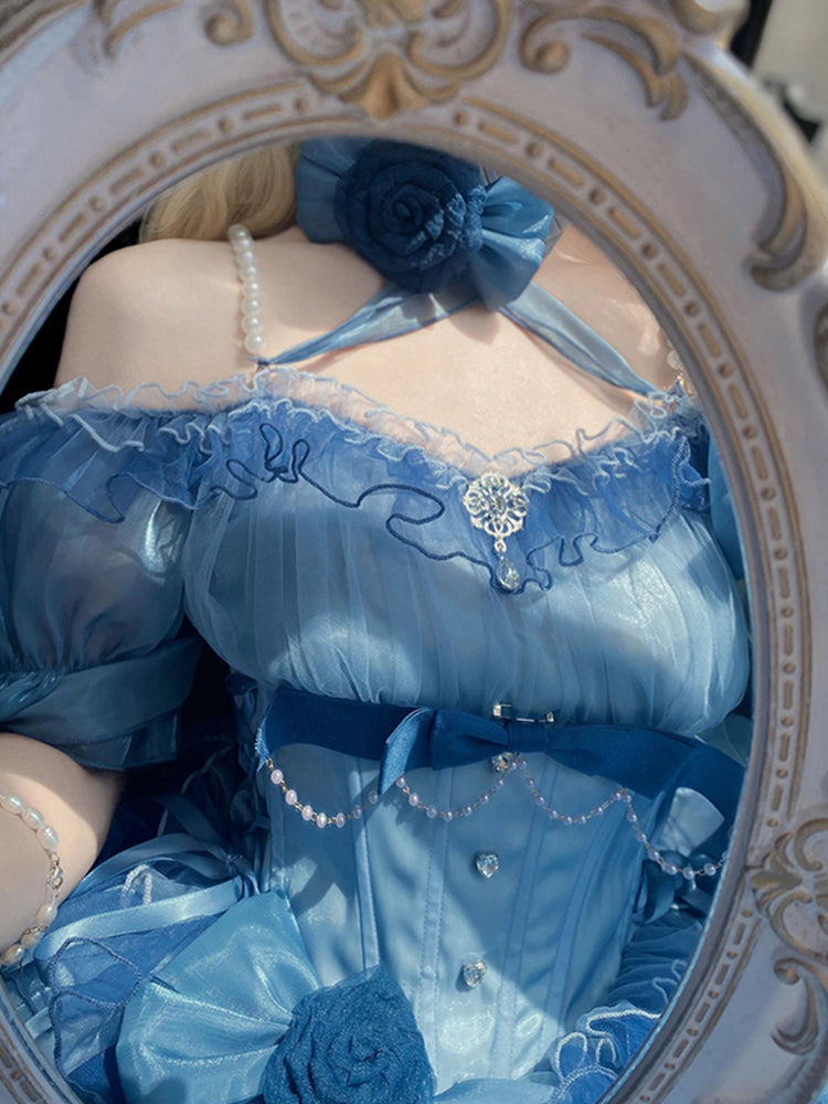 Magnifique robe Lolita en mousseline de soie à manches courtes et épaules dénudées, motif floral rose bleu, tenue d'anniversaire pour 16 ans, W1223