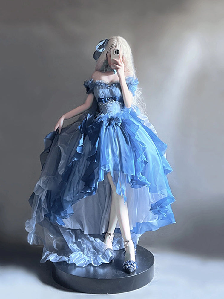 Magnifique robe Lolita en mousseline de soie à manches courtes et épaules dénudées, motif floral rose bleu, tenue d'anniversaire pour 16 ans, W1239