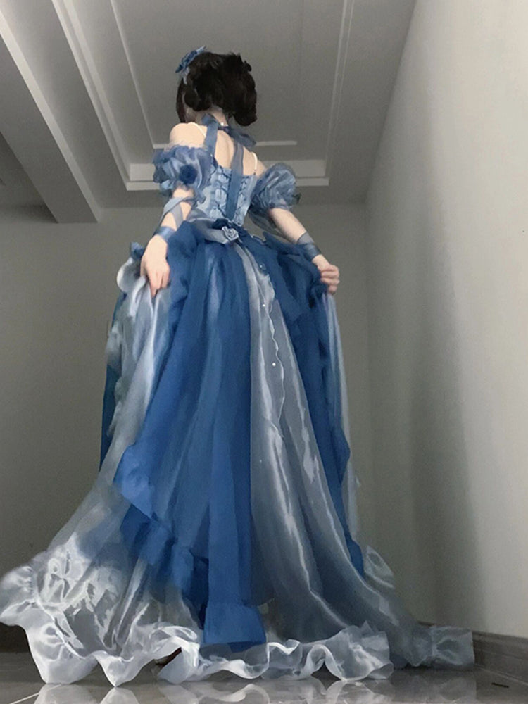 Magnifique robe Lolita en mousseline de soie à manches courtes et épaules dénudées, motif floral rose bleu, tenue d'anniversaire pour 16 ans, W1240