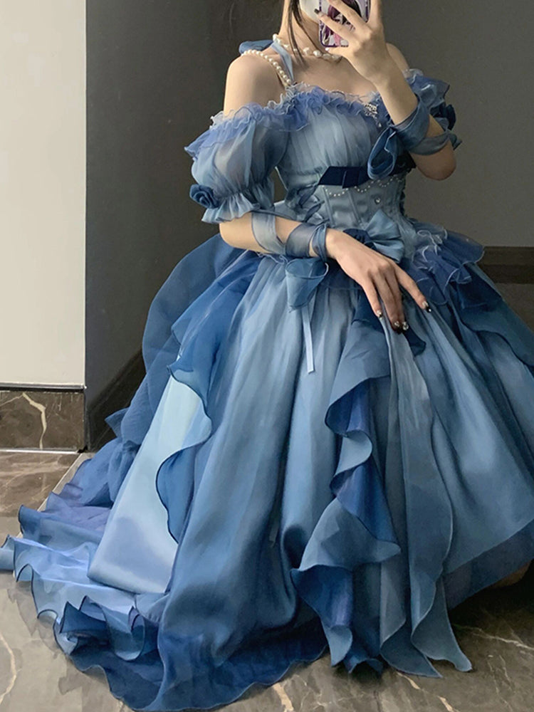 Magnifique robe Lolita en mousseline de soie à manches courtes et épaules dénudées, motif floral rose bleu, tenue d'anniversaire pour 16 ans, W1240