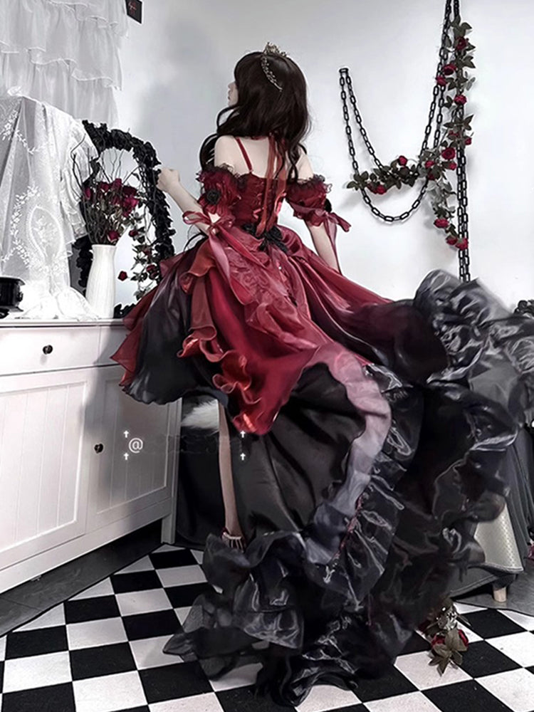 Princess Ball Gown Off The Shoulder Short Sleeves Ombre Burgundy Floral 16th Chiffon Birthday Dress Lolita Dress 18th Birthday Outfits W1198
