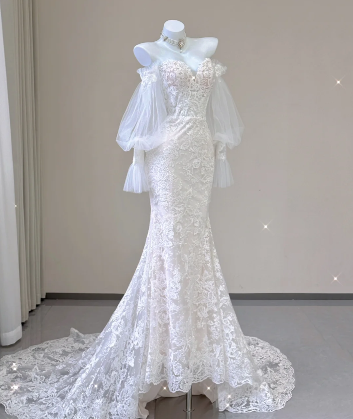 Elegant Mermaid Off The Shoulder Tulle Wedding Dresses Lace Brides Dress P0004