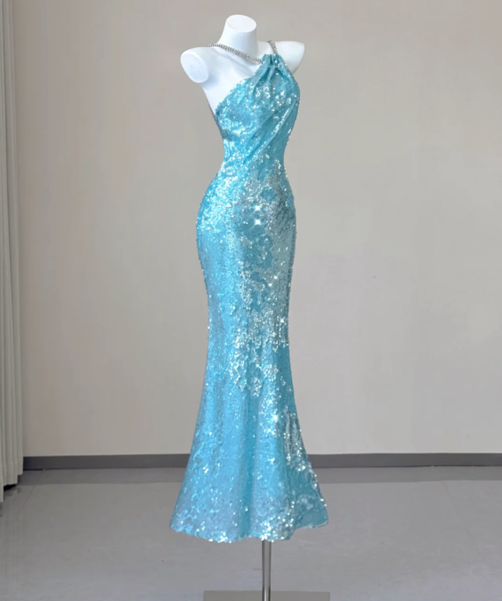 Classy Mermaid Spaghetti Straps Blue Sequin Evening Dress Long Prom Dresses P0005