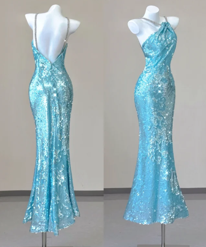 Classy Mermaid Spaghetti Straps Blue Sequin Evening Dress Long Prom Dresses P0005