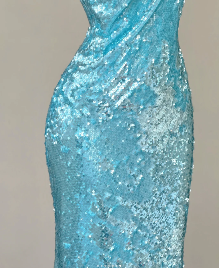 Classy Mermaid Spaghetti Straps Blue Sequin Evening Dress Long Prom Dresses P0005