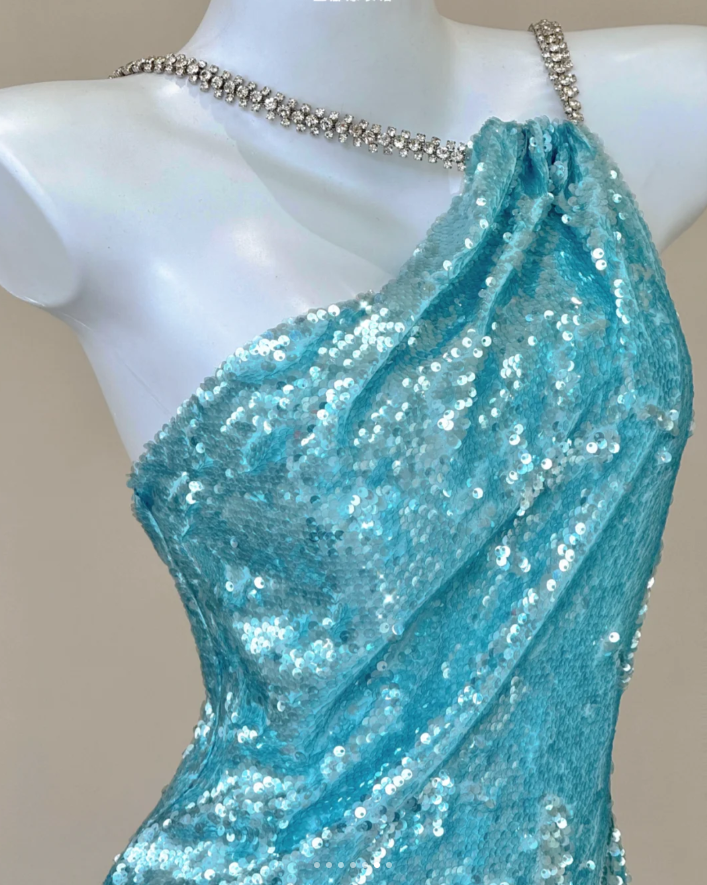 Classy Mermaid Spaghetti Straps Blue Sequin Evening Dress Long Prom Dresses P0005
