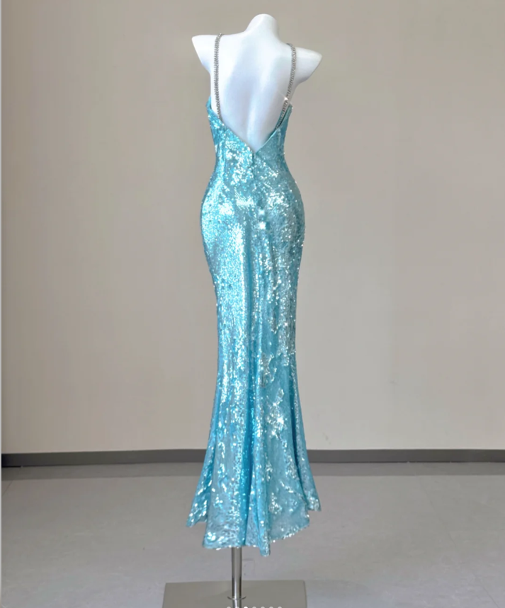 Classy Mermaid Spaghetti Straps Blue Sequin Evening Dress Long Prom Dresses P0005