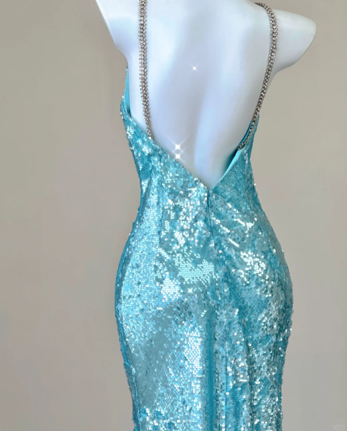 Classy Mermaid Spaghetti Straps Blue Sequin Evening Dress Long Prom Dresses P0005