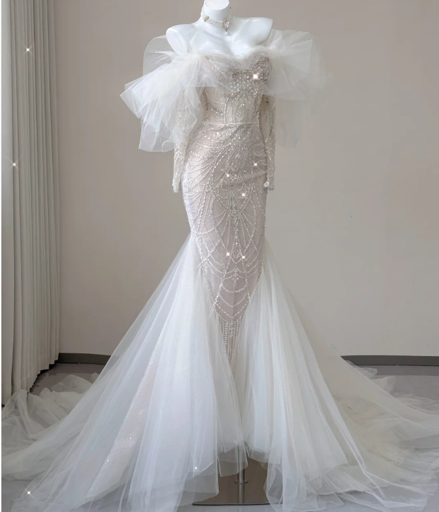 Elegant Mermaid Off The Shoulder Sequin Long Sleeves Wedding Dresses Brides Dress P0008