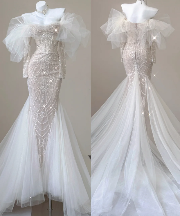 Elegant Mermaid Off The Shoulder Sequin Long Sleeves Wedding Dresses Brides Dress P0008