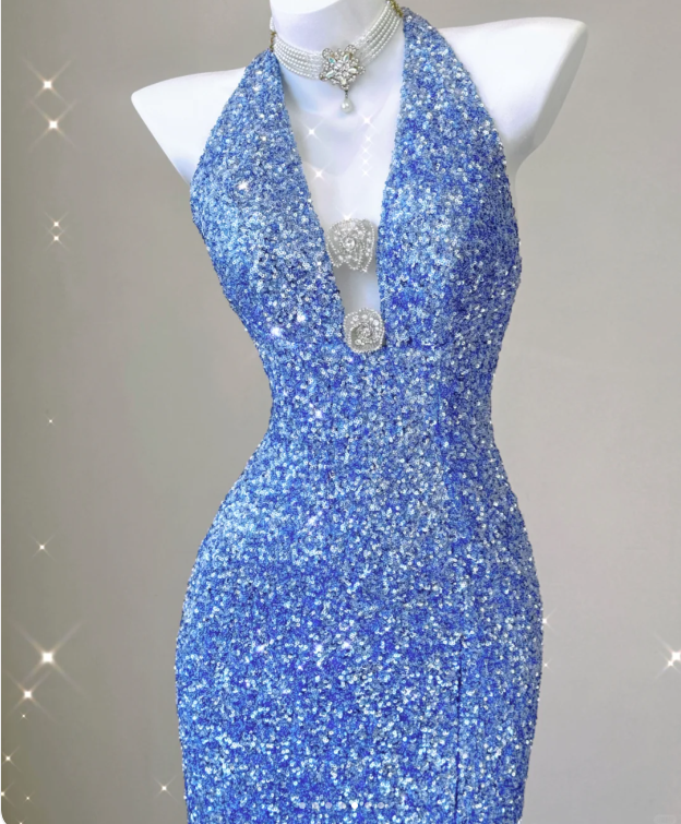 Classy Mermaid Halter V Neckline Blue Sequin Evening Dress Long Prom Dresses P0016
