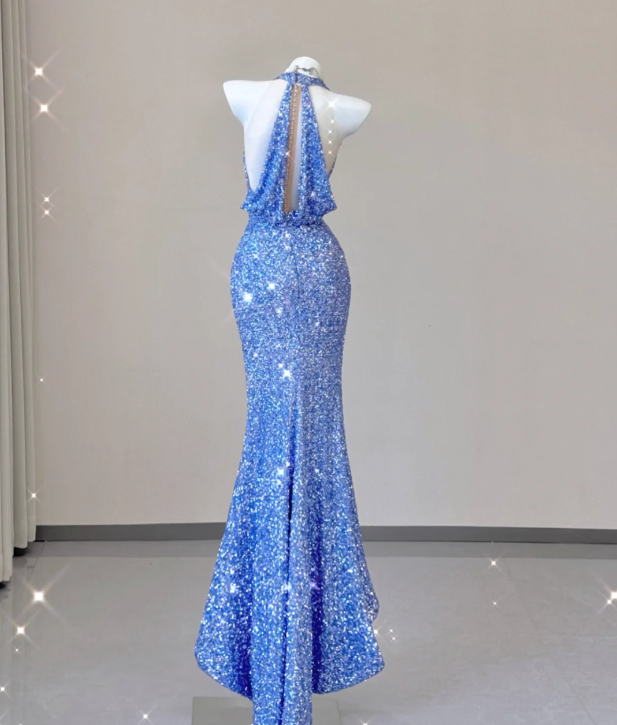 Classy Mermaid Halter V Neckline Blue Sequin Evening Dress Long Prom Dresses P0016