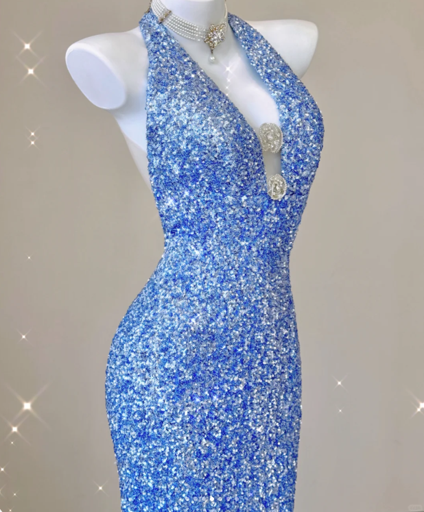Classy Mermaid Halter V Neckline Blue Sequin Evening Dress Long Prom Dresses P0016