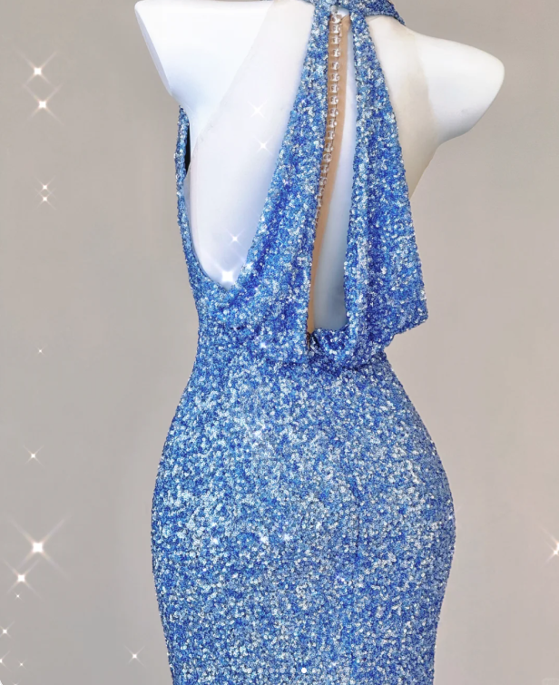 Classy Mermaid Halter V Neckline Blue Sequin Evening Dress Long Prom Dresses P0016