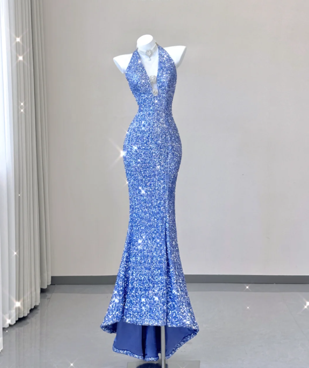 Classy Mermaid Halter V Neckline Blue Sequin Evening Dress Long Prom Dresses P0016