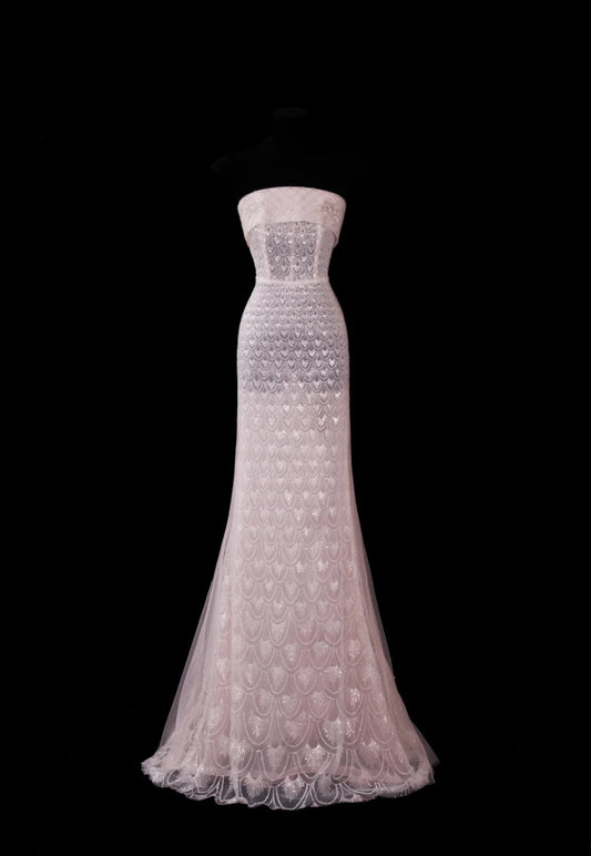 Fairy Pink Prom Dress Tulle Strapless Sheath Evening Dress S1050