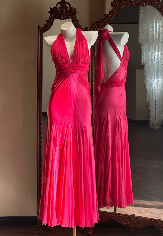 Fairy Hot Pink Prom Dress Chiffon V-neck Sheath Evening Dress S1052