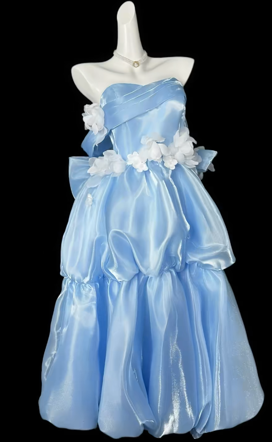Fairy Blue Ballkleid Saitn Trägerloses A-Linien-Abendkleid S1053