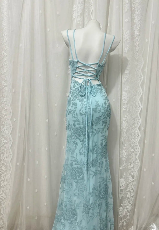 Fairy Blue Prom Dress Sequins Spaghetti Straps Sheath Evening Dress S1054
