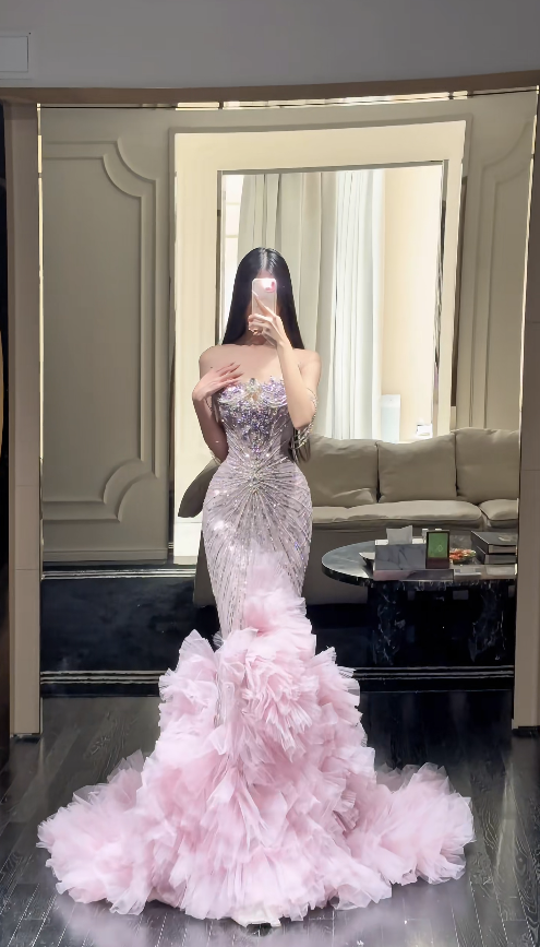 Elegant Pink Prom Dress Tulle Spaghetti Straps Mermaid Evening Dress S1057