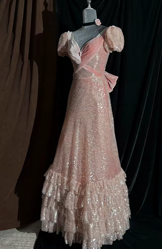 Elegant Pink Prom Dress Sequins V-neck A-Line Evening Dress S1058