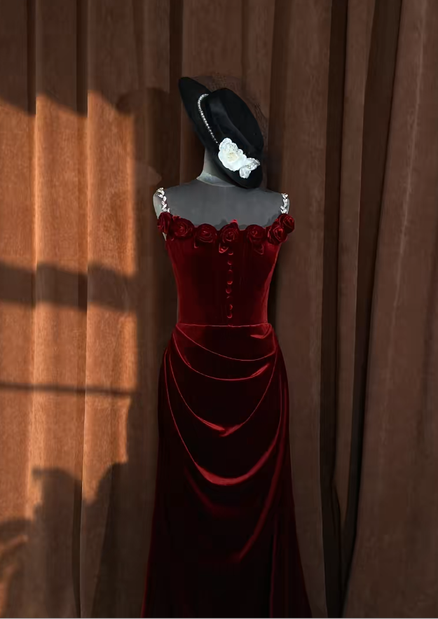 Robe de bal élégante bordeaux en velours, robe fourreau sans bretelles S1063
