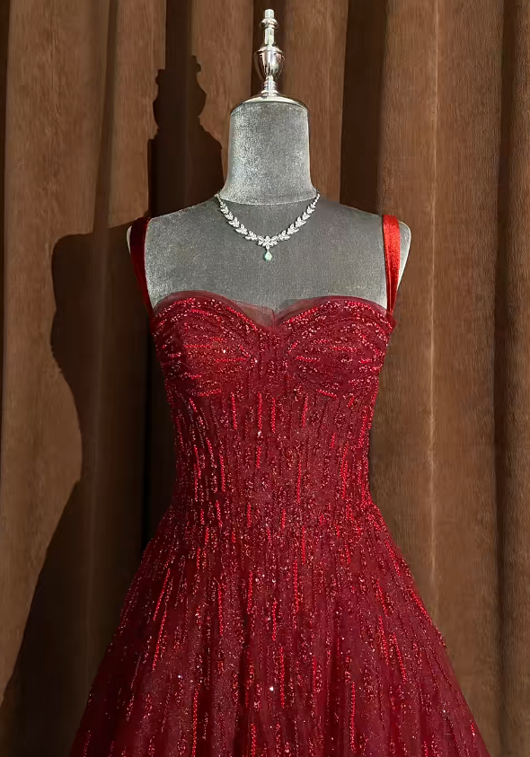 Elegant Burgundy Prom Dress Tulle Straps A-Line Evening Dress S1064