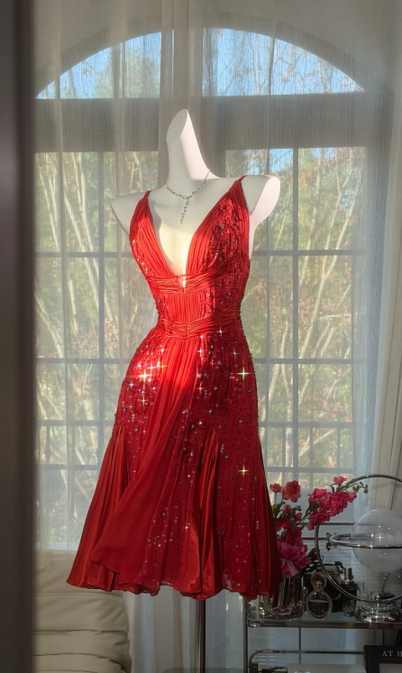 Chic Red Prom Dress Chiffon Sequins Party Dress V-neck A-Line Evening Dress S1079