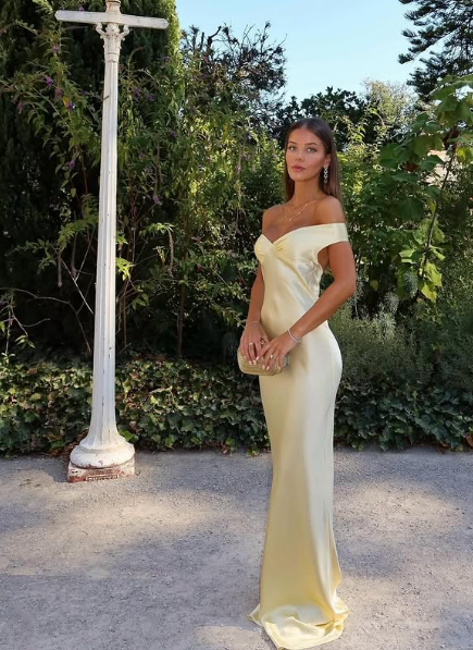 Superbe robe fourreau en satin jaune à épaules dénudées, tenue de soirée formelle pour invité de mariage, DP767