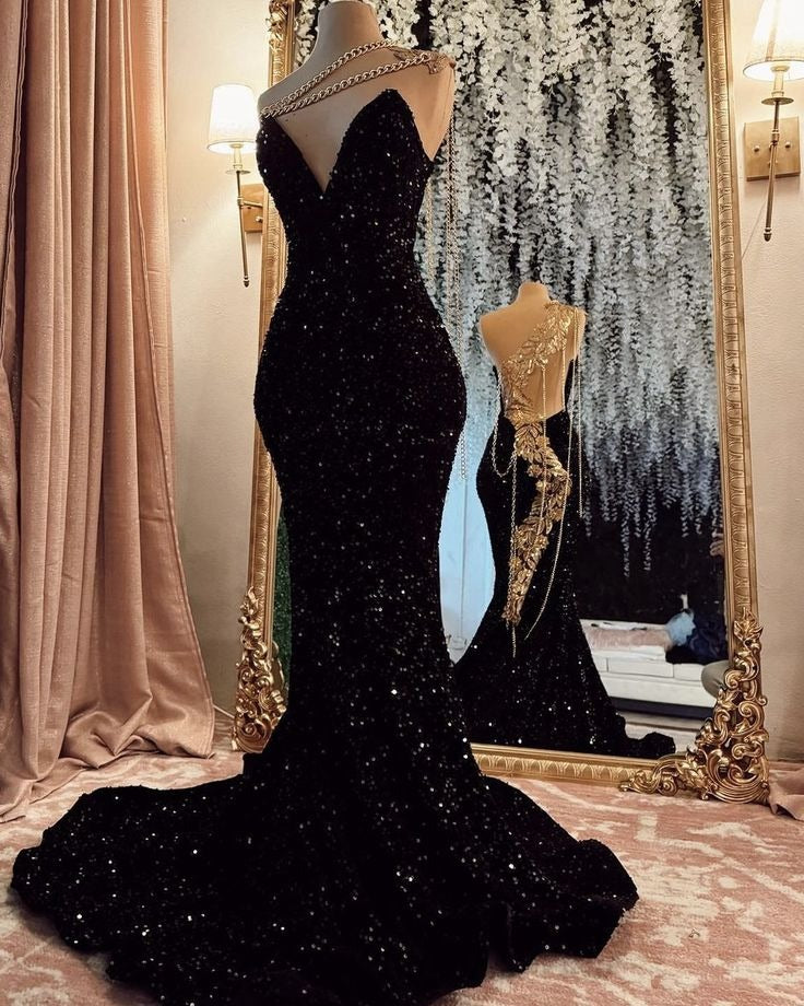 Pretty Sparkly Mermaid Sweetheart Sequin Black Prom Dress With Slit Graduation Dress D2531
