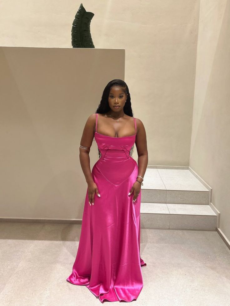 Pretty Mermaid Spaghetti Straps Pink Satin Long Prom Dresses Black Girl Graduation Dress D2553