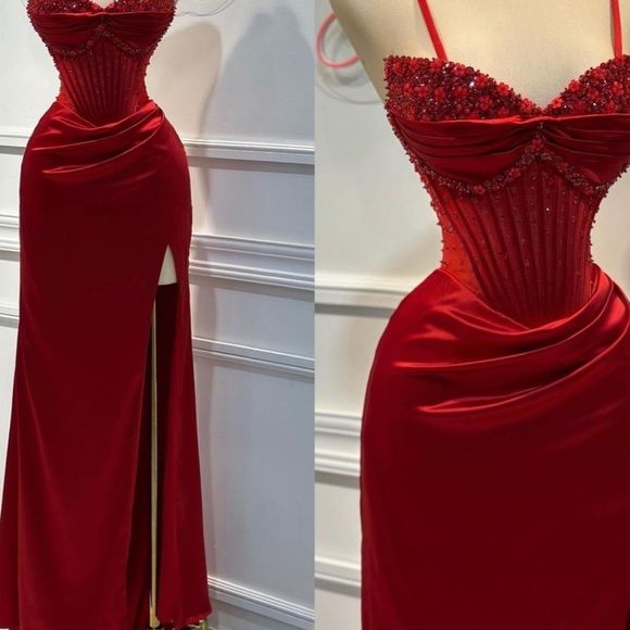 Classy Mermaid Sweetheart Red Satin Slit Long Prom Dresses Summer Wedding Guest Dresses Wedding Guest Outfits D2641