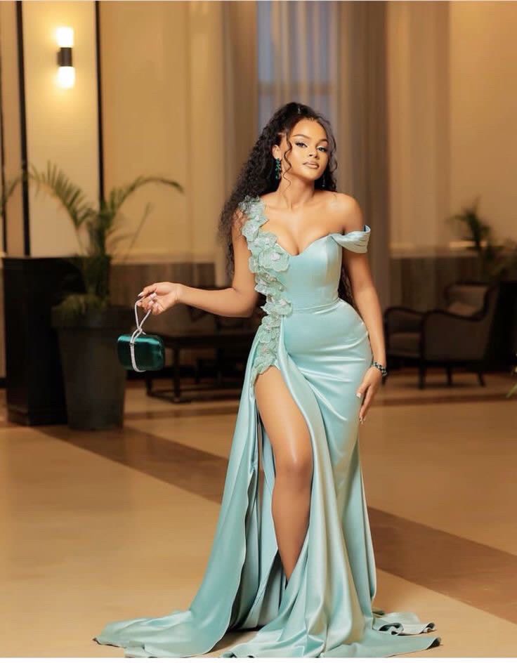 Gorgeous Mermaid One Shoulder Satin Slit Prom Dresses Formal Summer Wedding Guest Dresses Wedding Guest Outfits D2647