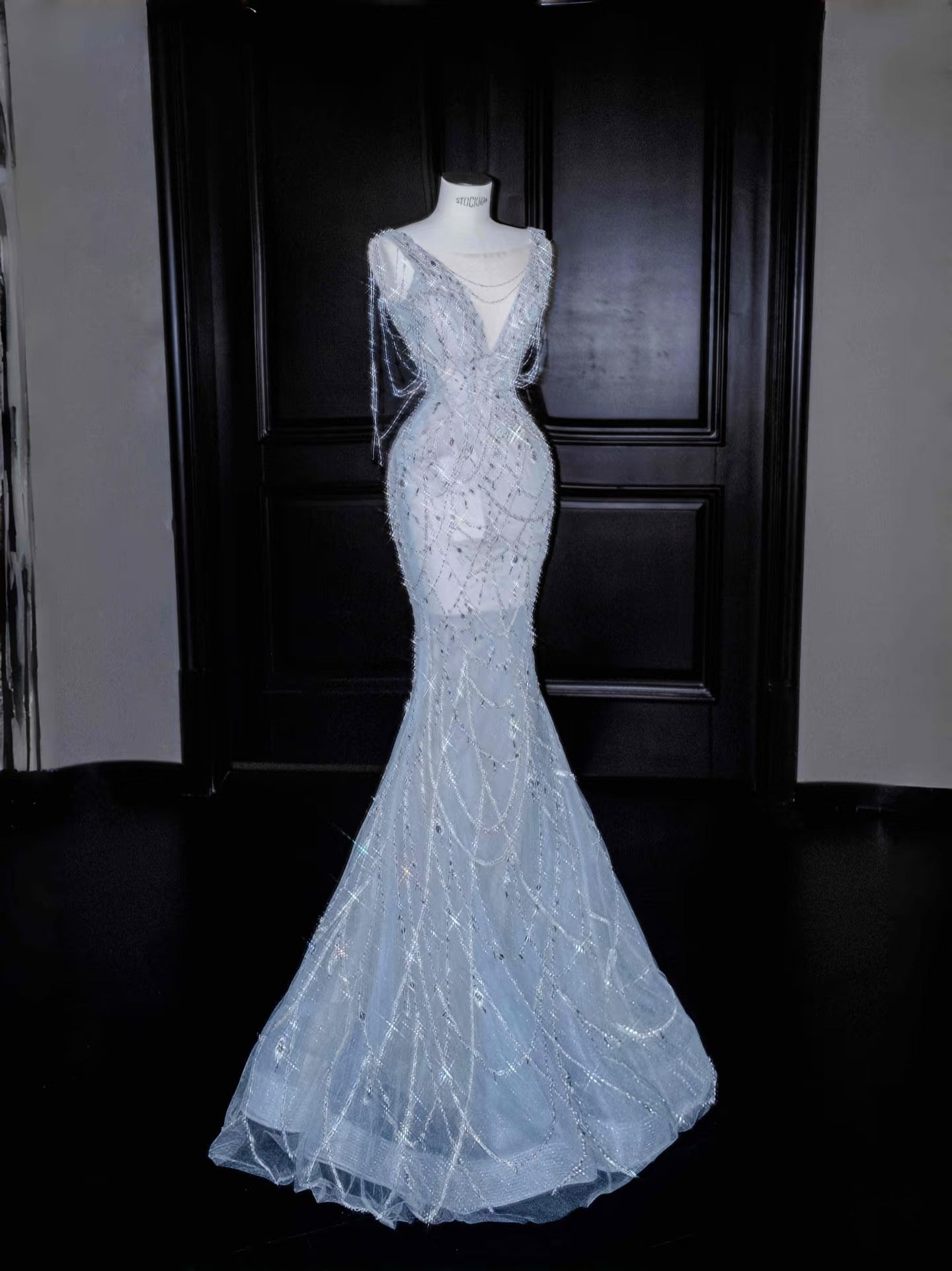 Gorgeous Mermaid V Neck Silver Beads Long Prom Dress Party Dress Graduation Dresses DP2718