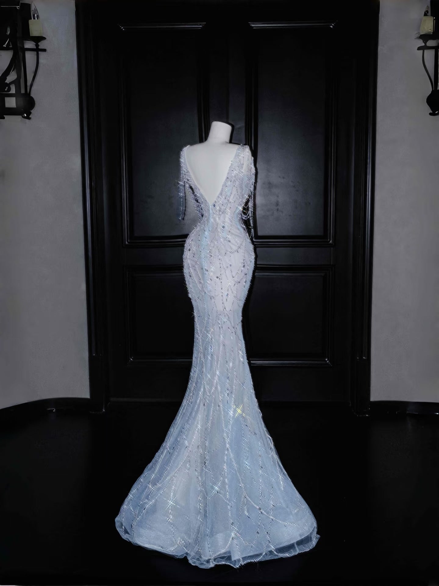 Gorgeous Mermaid V Neck Silver Beads Long Prom Dress Party Dress Graduation Dresses DP2718