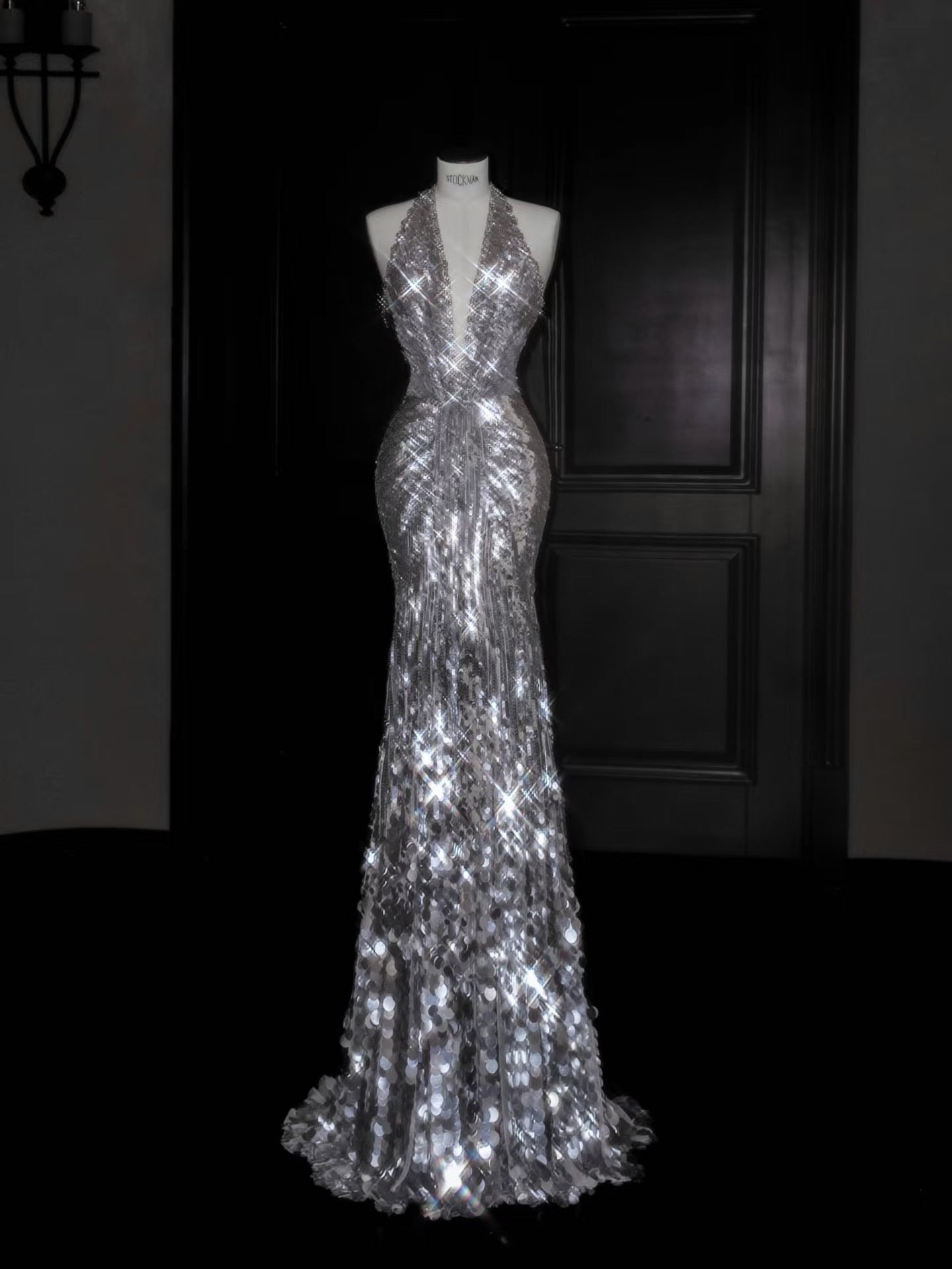 Sparkly Mermaid V Neck Silver Sequin Long Prom Dress Party Dress Graduation Dresses D2737