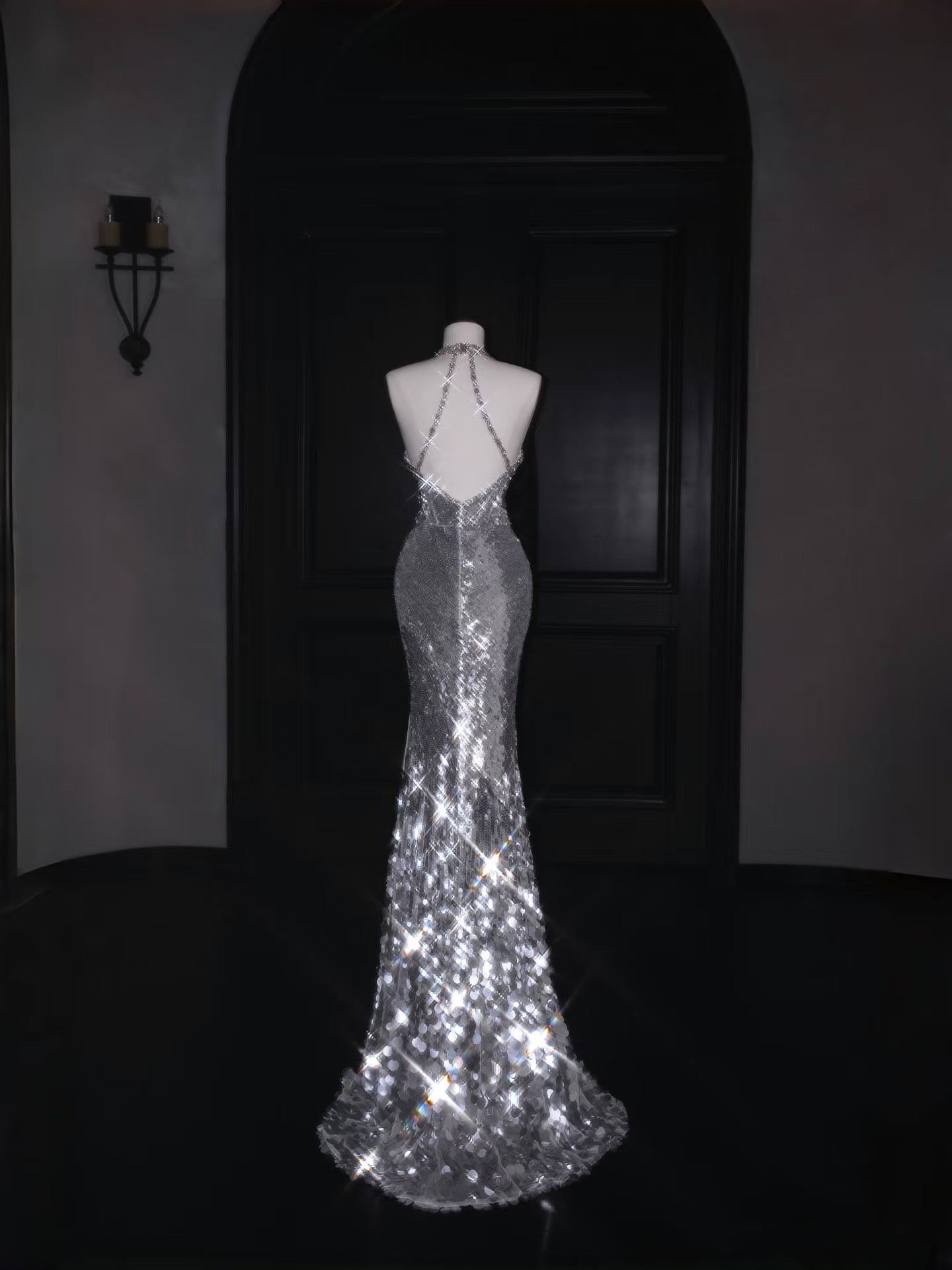 Sparkly Mermaid V Neck Silver Sequin Long Prom Dress Party Dress Graduation Dresses D2737