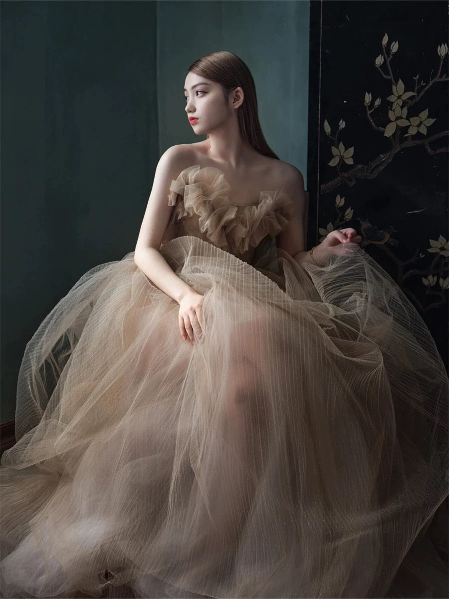 Classy Ball Gown Sweetheart Tulle Champagne Evening Dress Long Prom Dresses H2864