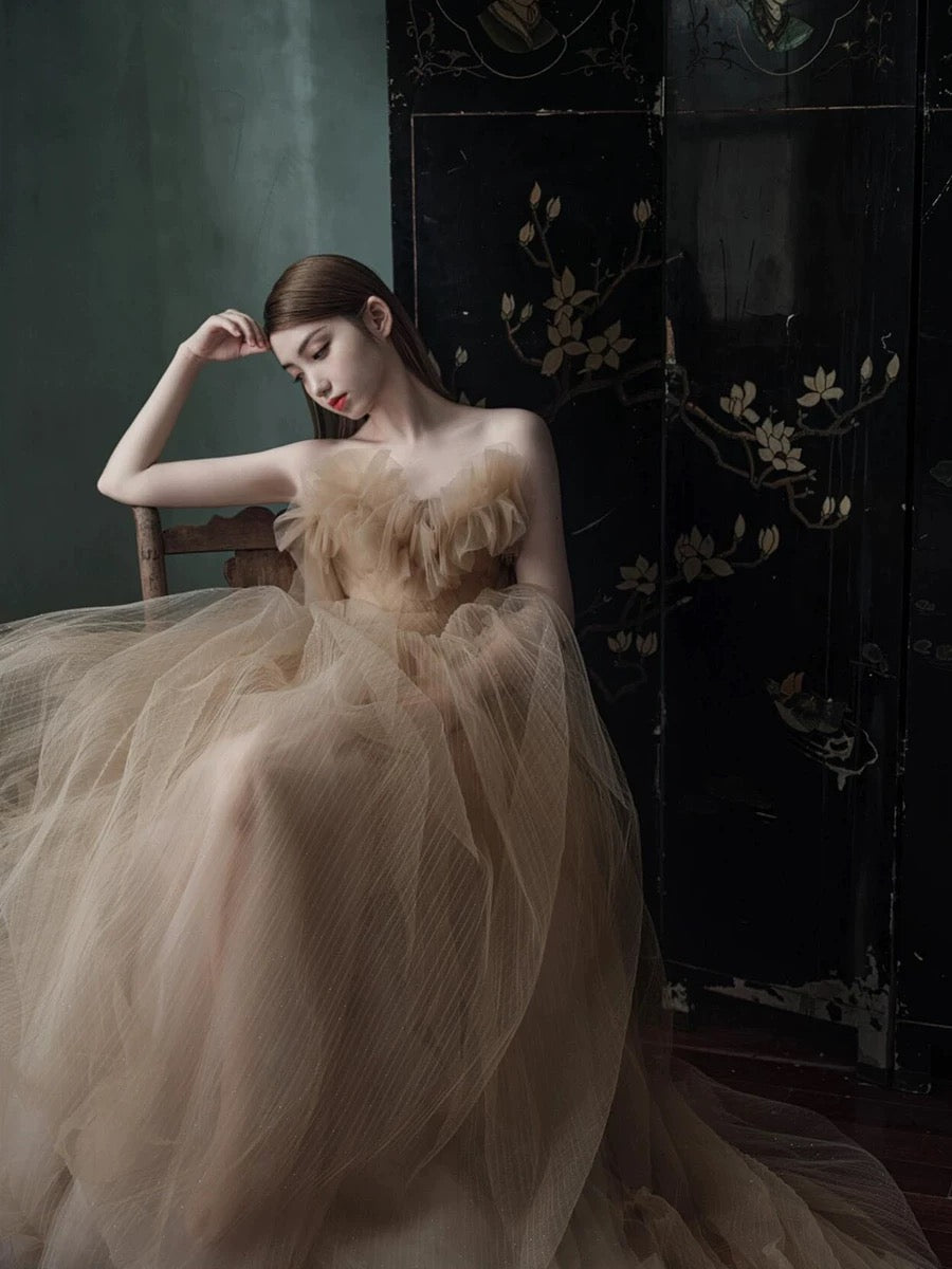 Classy Ball Gown Sweetheart Tulle Champagne Evening Dress Long Prom Dresses H2864