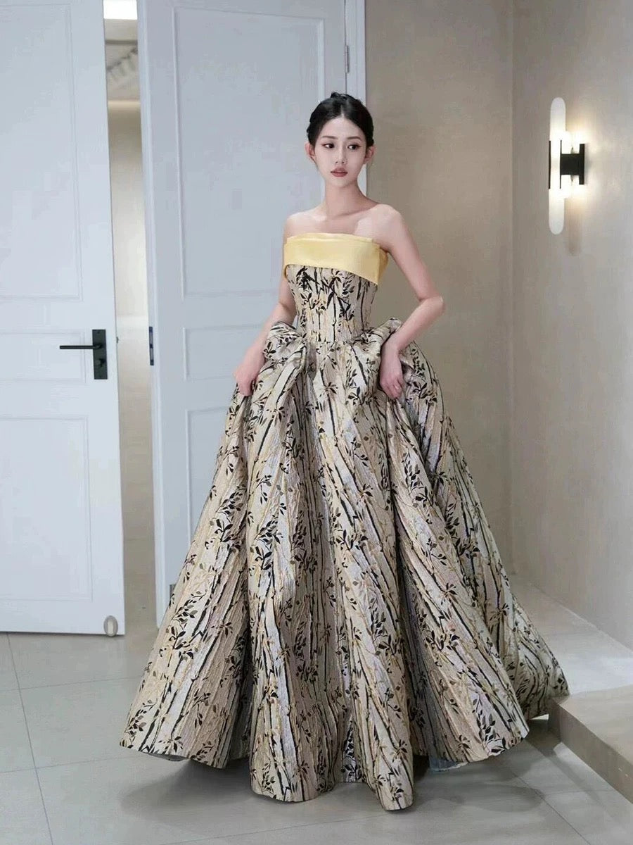 Classy Ball Gown Strapless Satin Floral Evening Dress Long Prom Dresses H2866