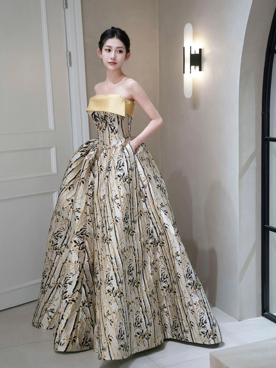Classy Ball Gown Strapless Satin Floral Evening Dress Long Prom Dresses H2866