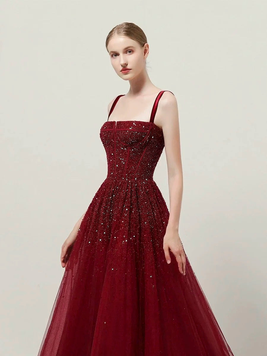 Classy Ball Gown Straps Burgundy Sequin Evening Dress Long Prom Dresses H2872
