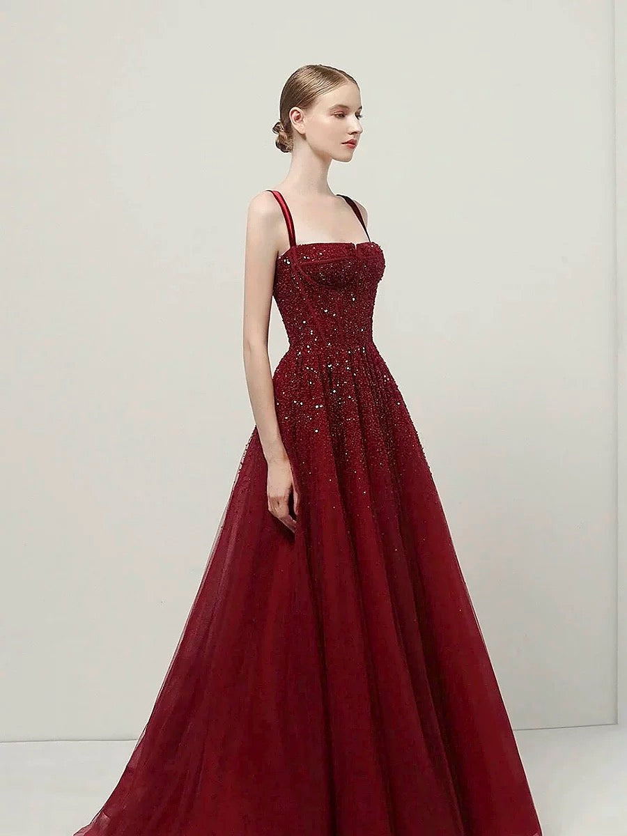Classy Ball Gown Straps Burgundy Sequin Evening Dress Long Prom Dresses H2872