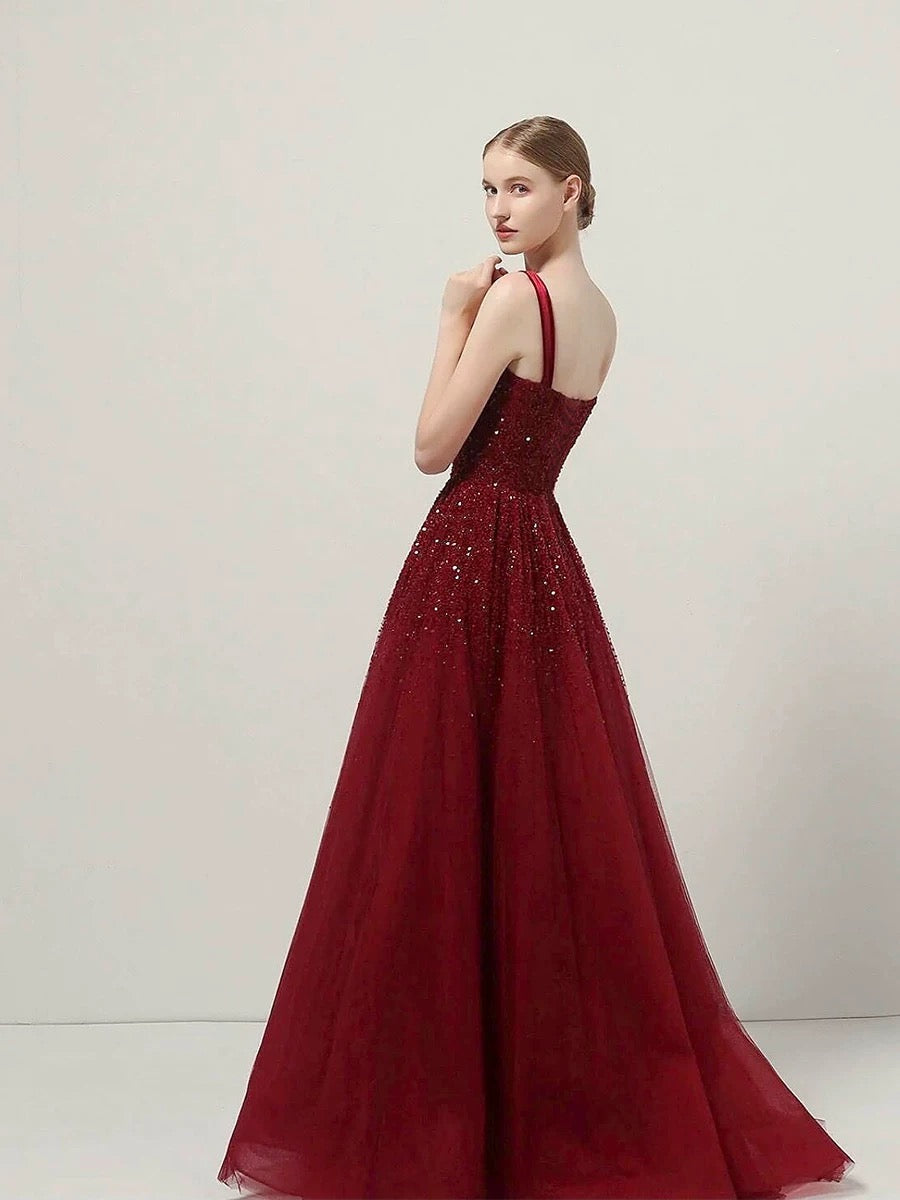 Classy Ball Gown Straps Burgundy Sequin Evening Dress Long Prom Dresses H2872