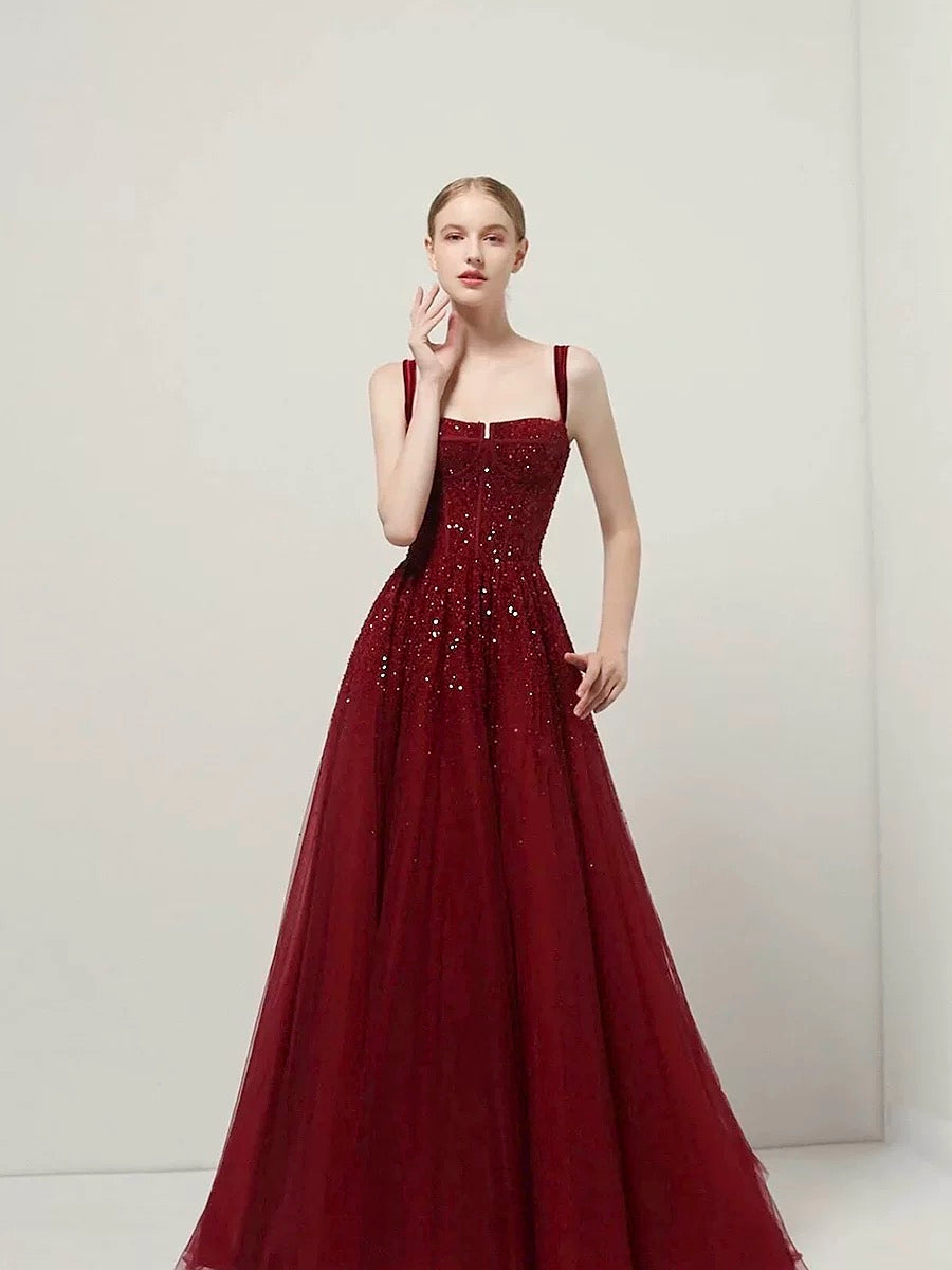 Classy Ball Gown Straps Burgundy Sequin Evening Dress Long Prom Dresses H2872