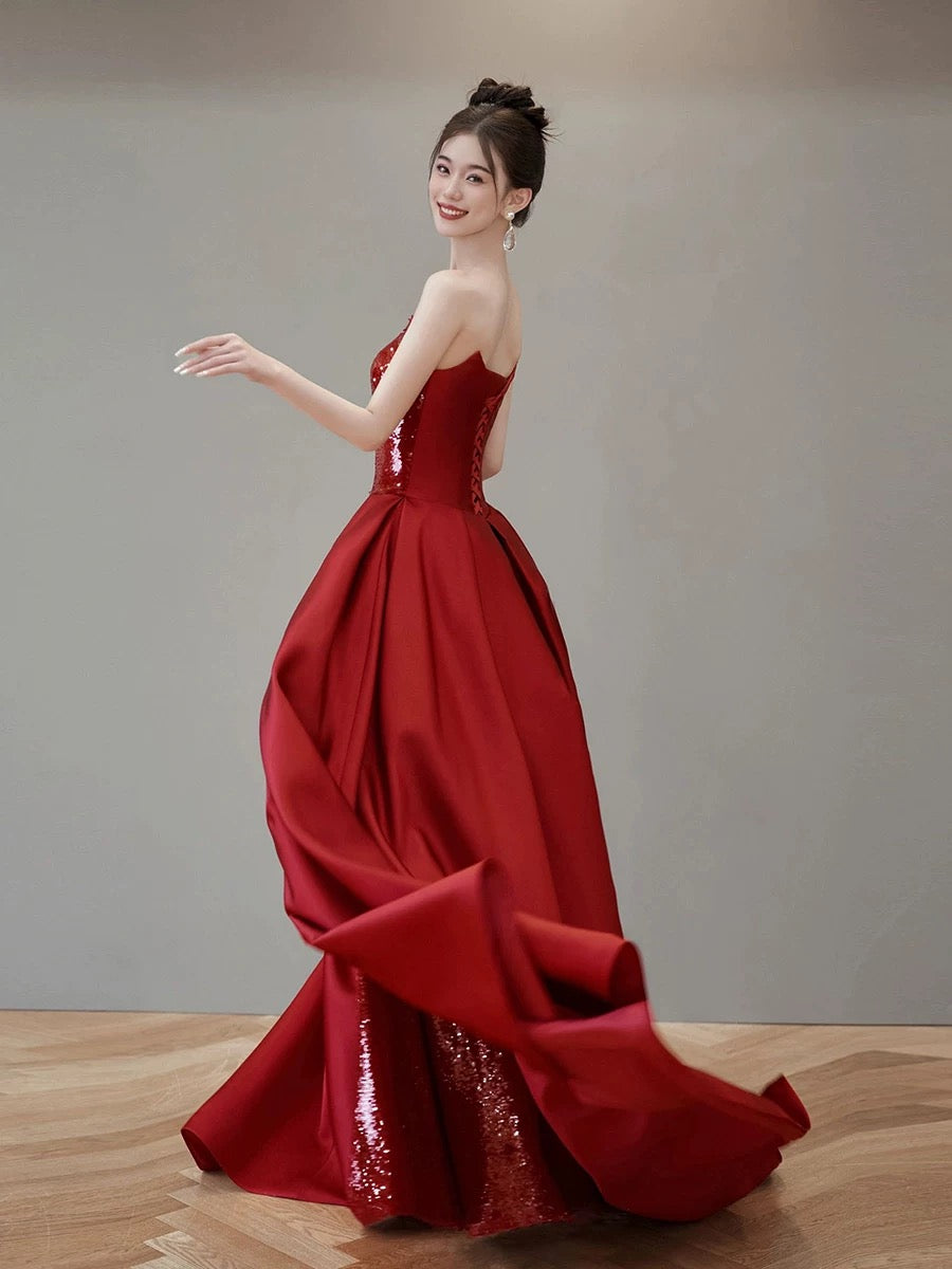 Classy Mermaid Strapless Red Sequin Long Evening Dress Long Prom Dresses H2879