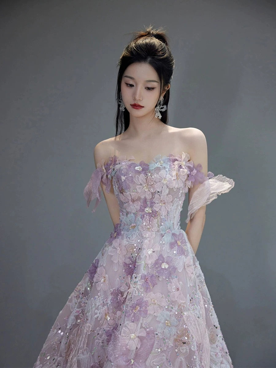 Classy Ball Gown Straps Pink Floral Evening Dress Long Prom Dresses H2880