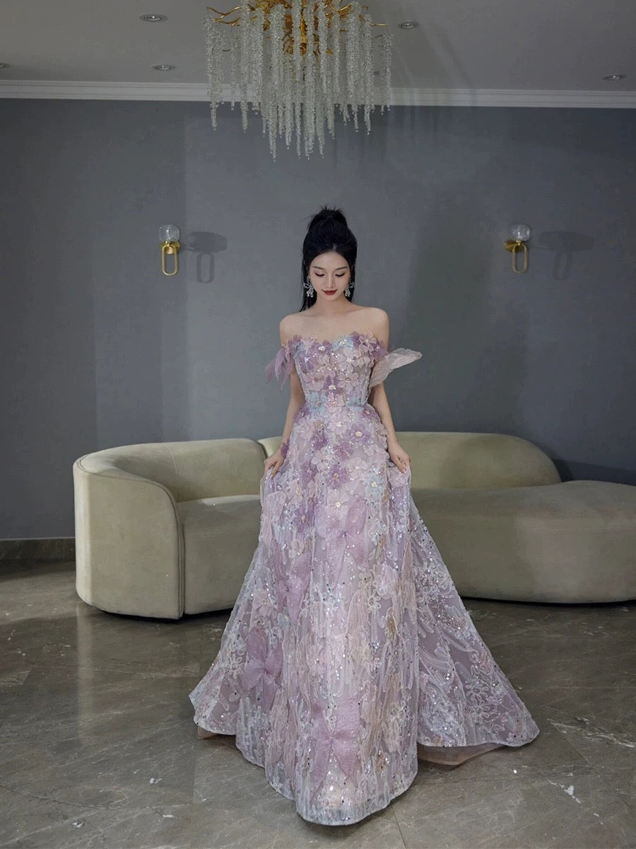 Classy Ball Gown Straps Pink Floral Evening Dress Long Prom Dresses H2880