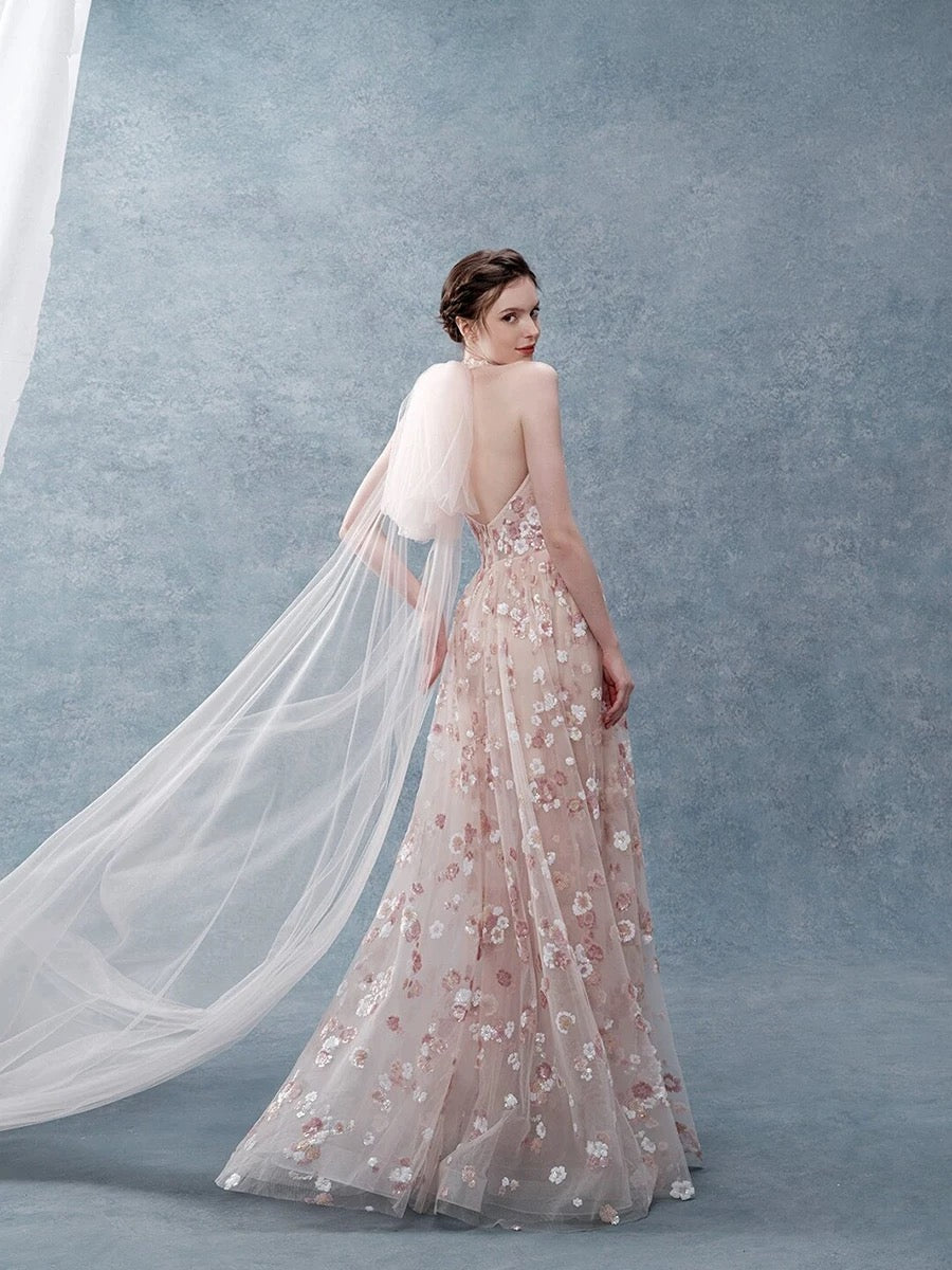 Robe de soirée longue rose à fleurs, coupe trapèze, élégante, col licou, H2882