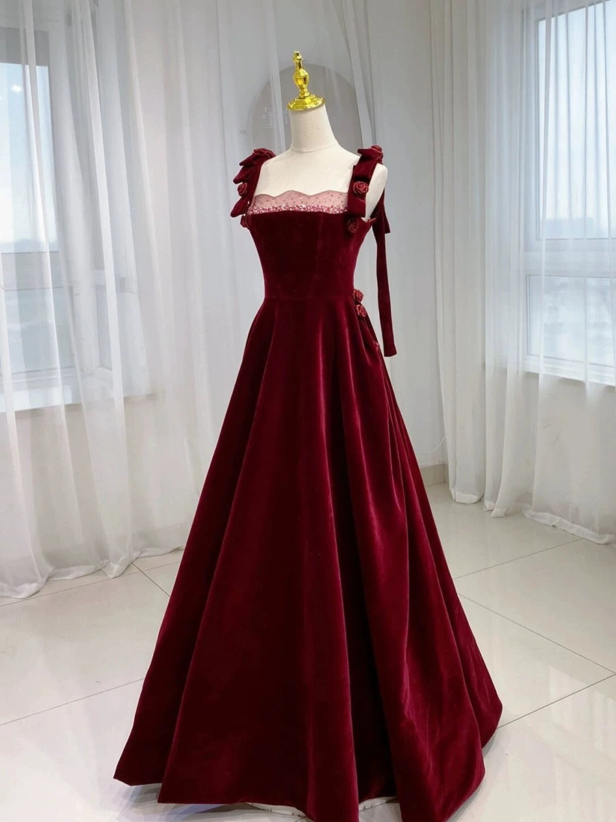 Classy Elegant A line Straps Burgundy Beading Sleeveless Velvet Prom Dresses H2883